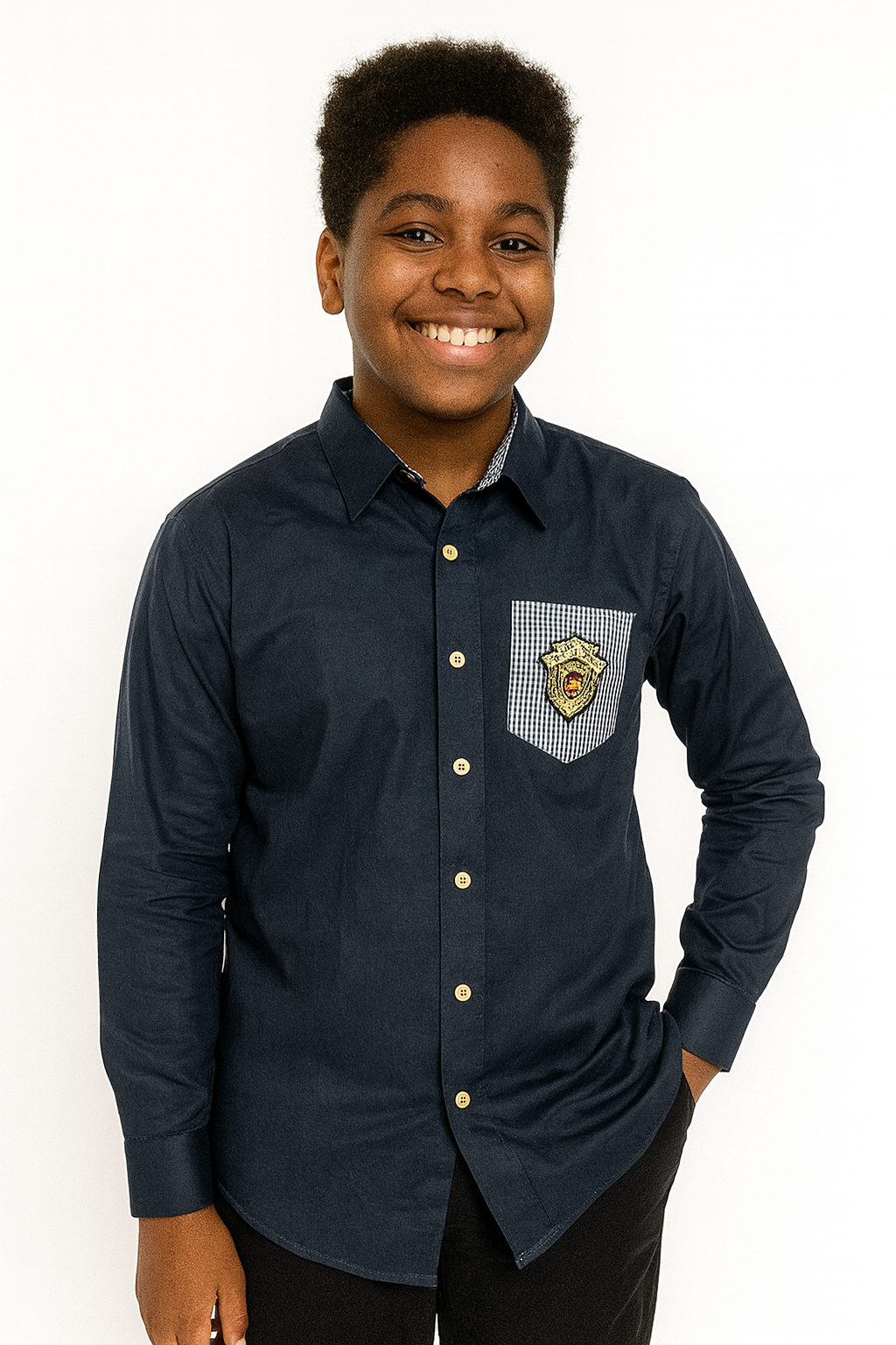 BLUE COLLINS BADGED LONG SLEEVE SHIRT - MN324NVY 10-16YR