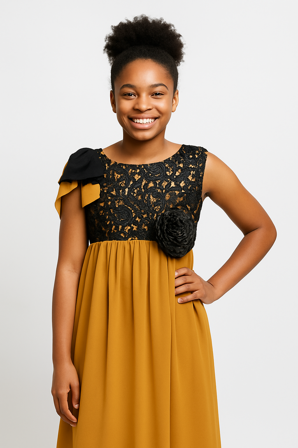 MUSTARD & BLACK LACE OCCASION DRESS- 385MBLC 3-16YRS