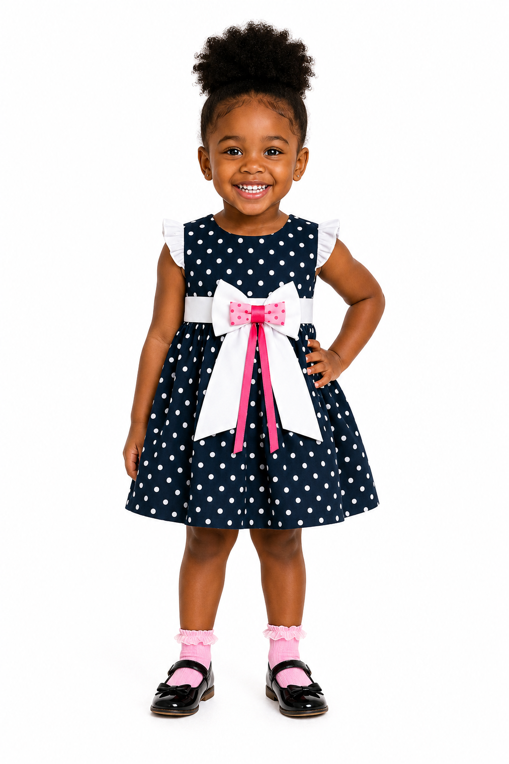 NAVY POLKA DOT BOW DRESS - ONL101NBL 6MTH-3YRS