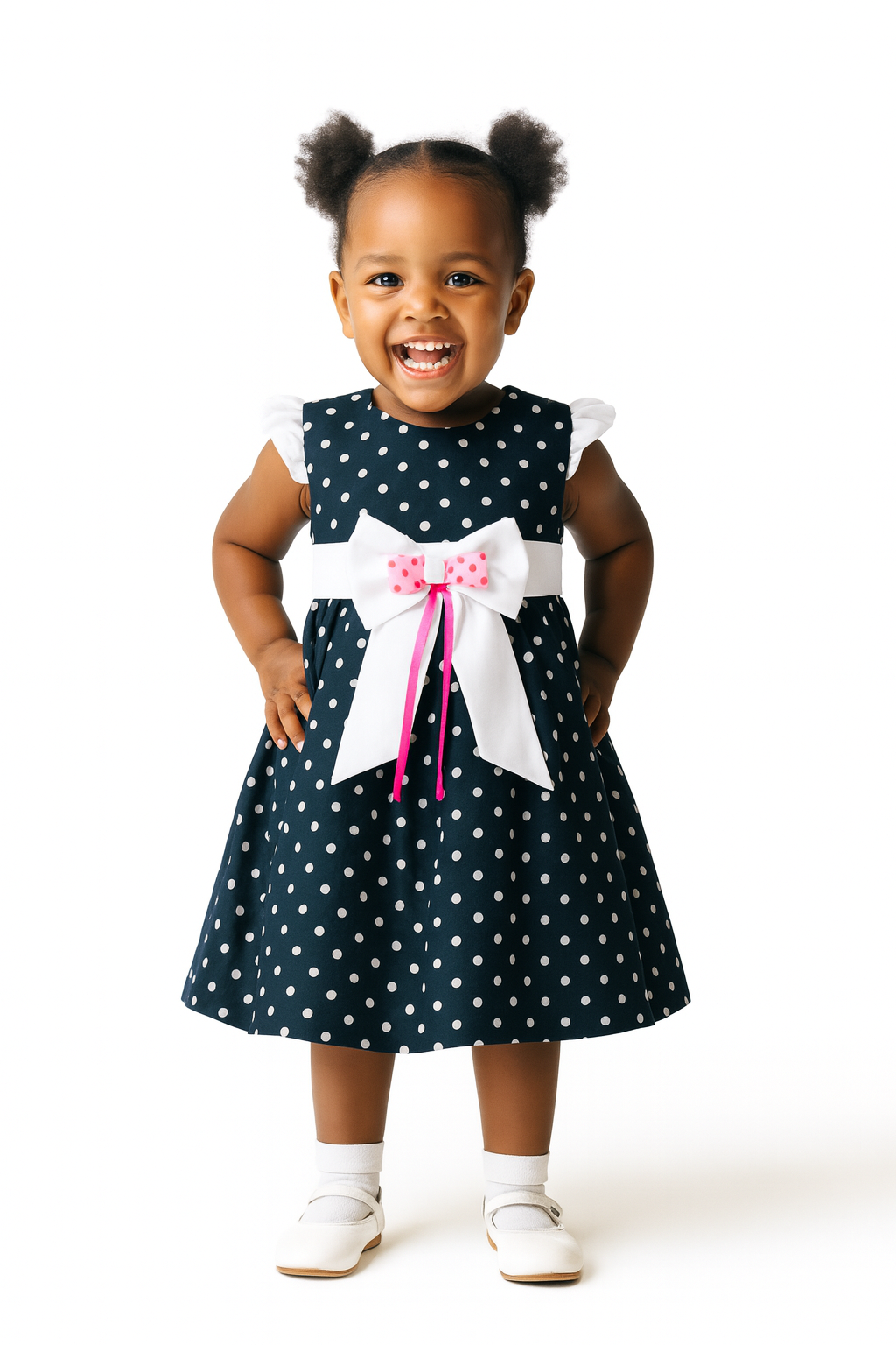 NAVY POLKA DOT BOW DRESS - ONL101NBL 6MTH-3YRS