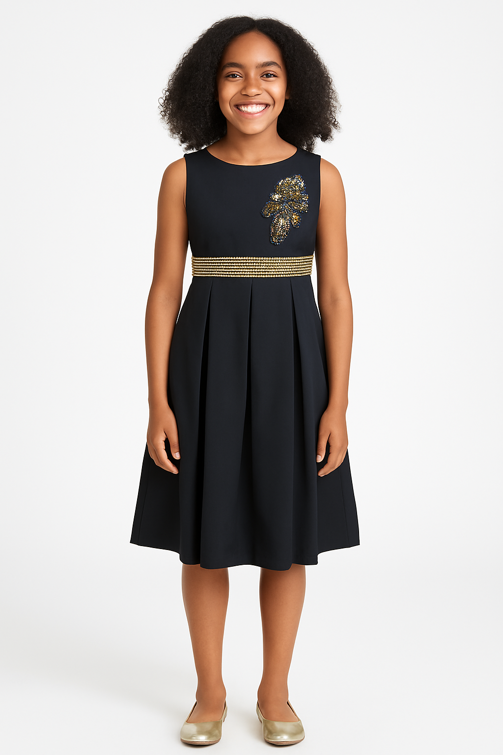 ANNA BLACK PLEATED DRESS WITH GOLD ACCENTS - AB317BLK
