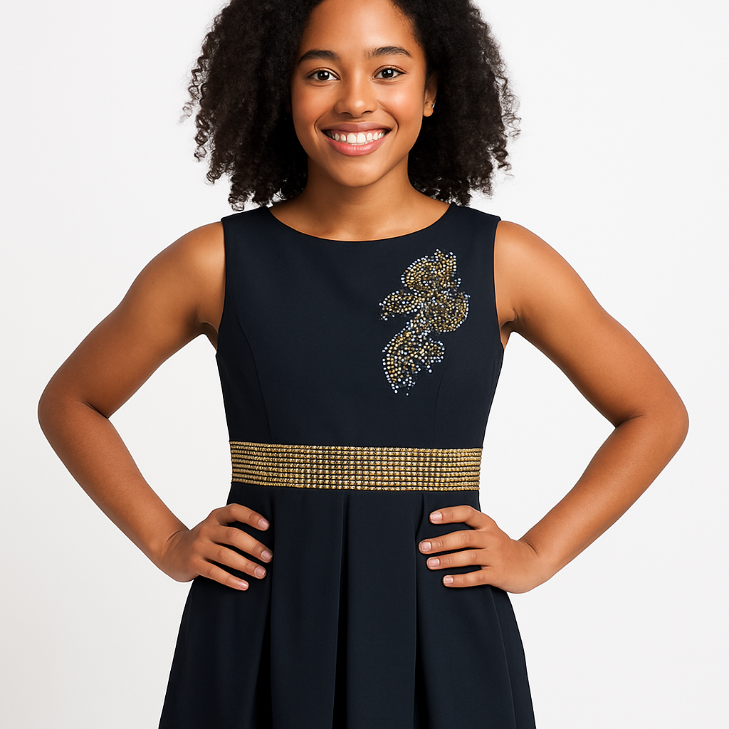 ANNA BLACK PLEATED DRESS WITH GOLD ACCENTS - AB317BLK