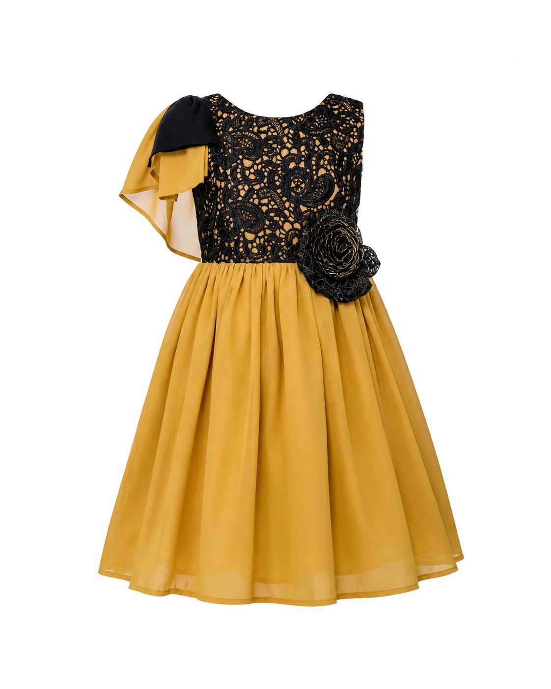MUSTARD & BLACK LACE OCCASION DRESS- 385MBLC  3-16YRS
