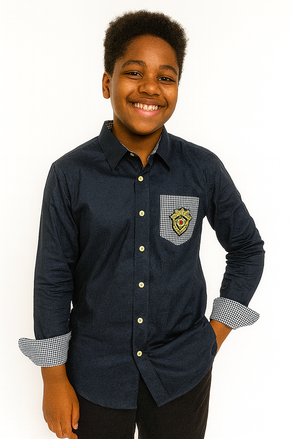 BLUE COLLINS BADGED LONG SLEEVE SHIRT - MN324NVY 10-16YR