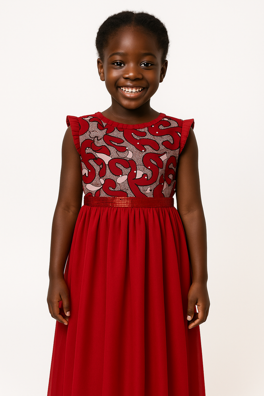RED CARO OMA CHIFFON MIX DRESS- MN322RED 8-16YR