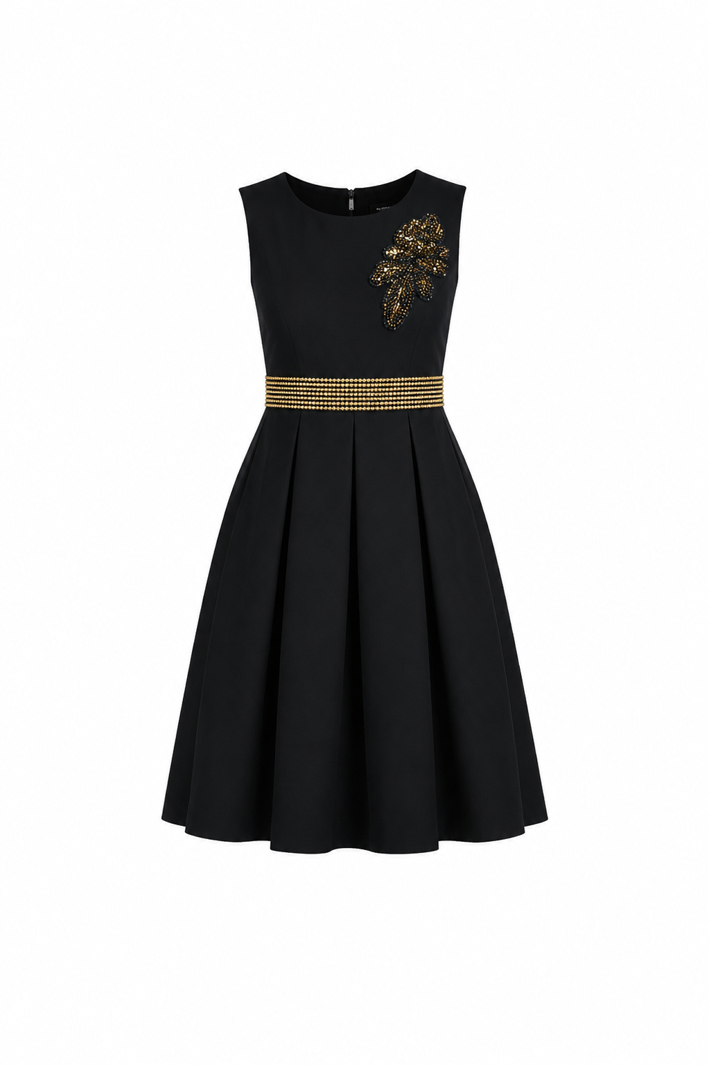 ANNA BLACK PLEATED DRESS WITH GOLD ACCENTS - AB317BLK
