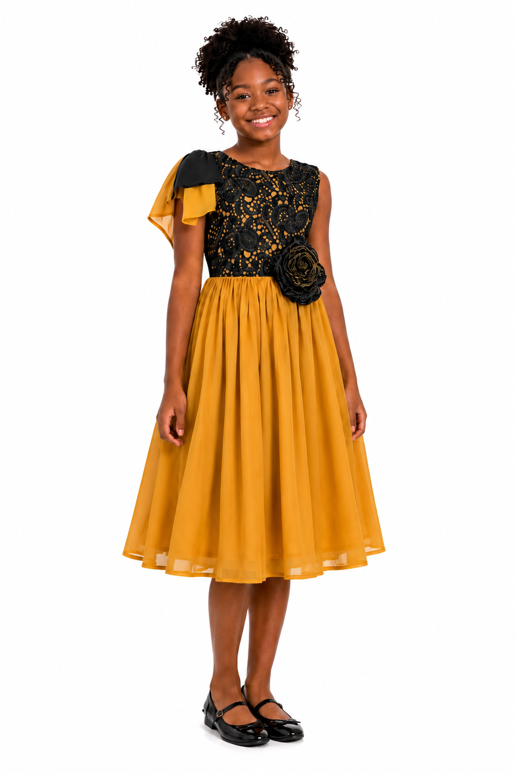 MUSTARD & BLACK LACE OCCASION DRESS- 385MBLC  3-16YRS