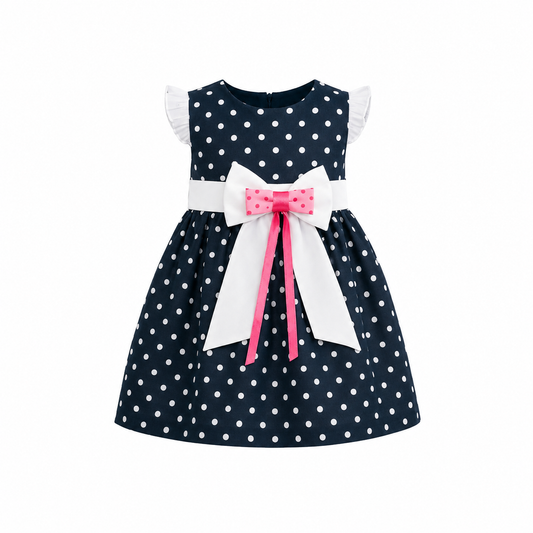 NAVY POLKA DOT BOW DRESS - ONL101NBL 6MTH-3YRS