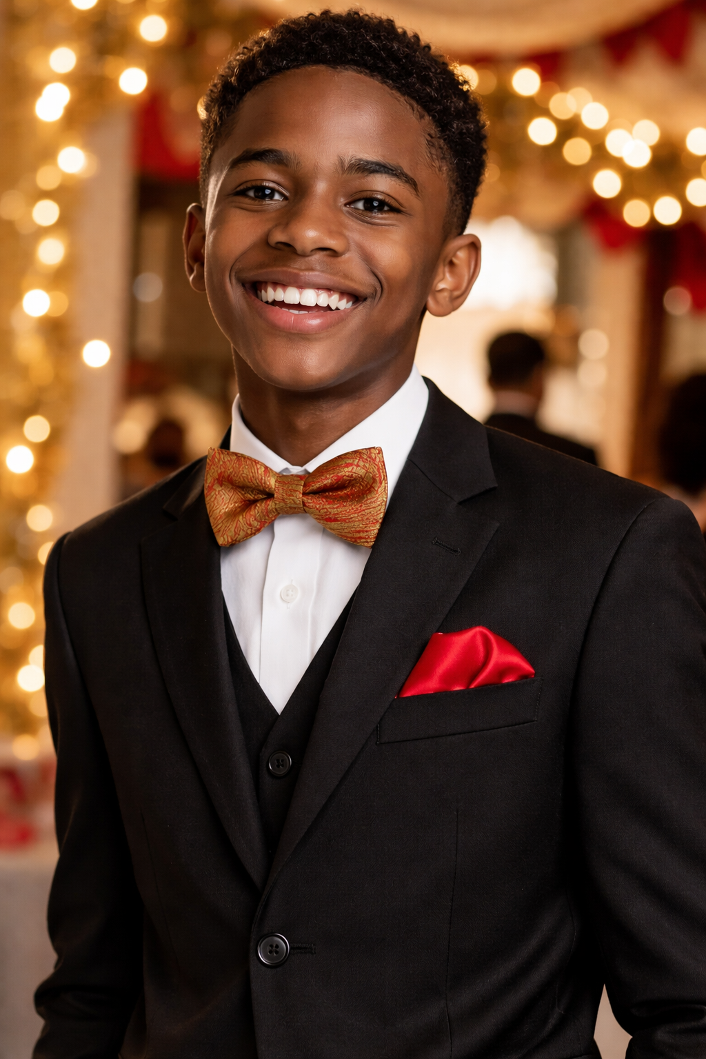 PATTERNED GOLD AND RED SILK SATIN CLASSIC BOW TIE - ABW30425051