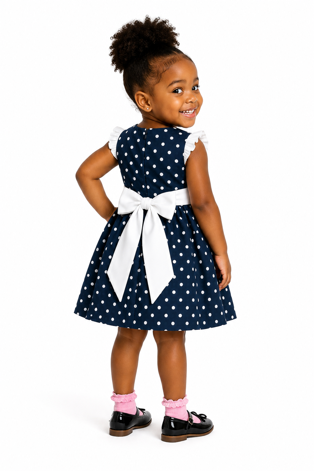 NAVY POLKA DOT BOW DRESS - ONL101NBL 6MTH-3YRS