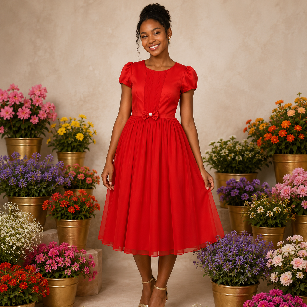 RED BOTEE SATIN & CHIFFON MIX PARTY DRESS - A814RED