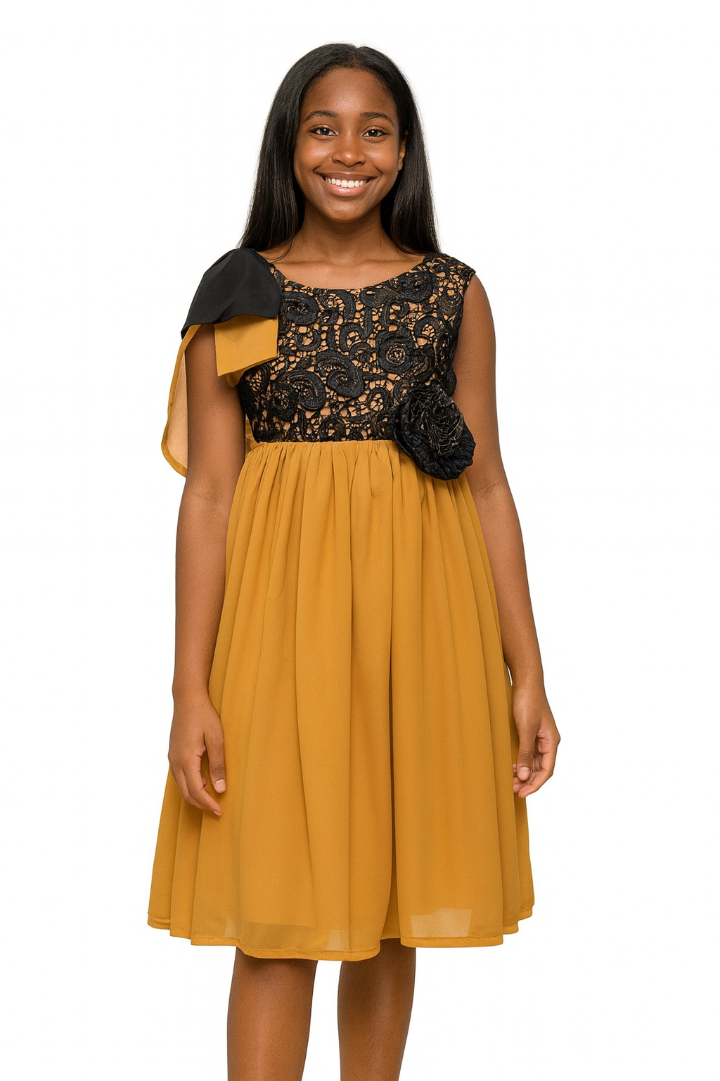 MUSTARD & BLACK LACE OCCASION DRESS- 385MBLC  3-16YRS