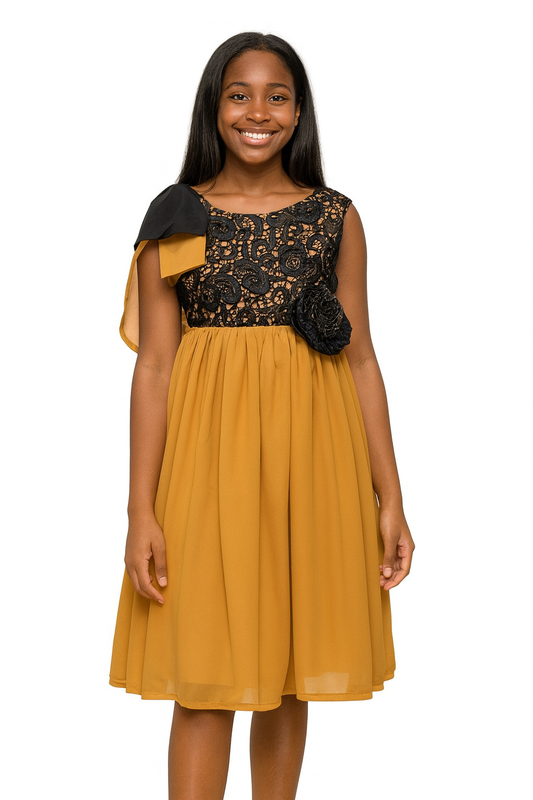 MUSTARD & BLACK LACE OCCASION DRESS- 385MBLC  3-16YRS