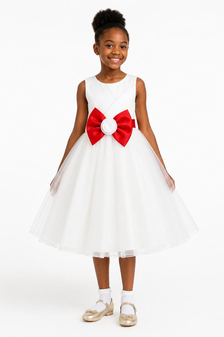 ELEGANT IVORY TULLE BALL GOWN RED DOUBLE BOW - MD860RED