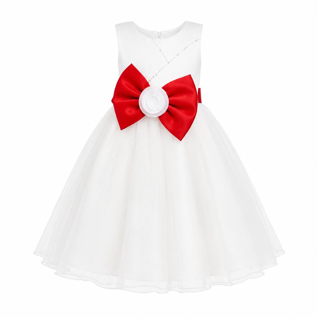 ELEGANT IVORY TULLE BALL GOWN RED DOUBLE BOW - MD860RED
